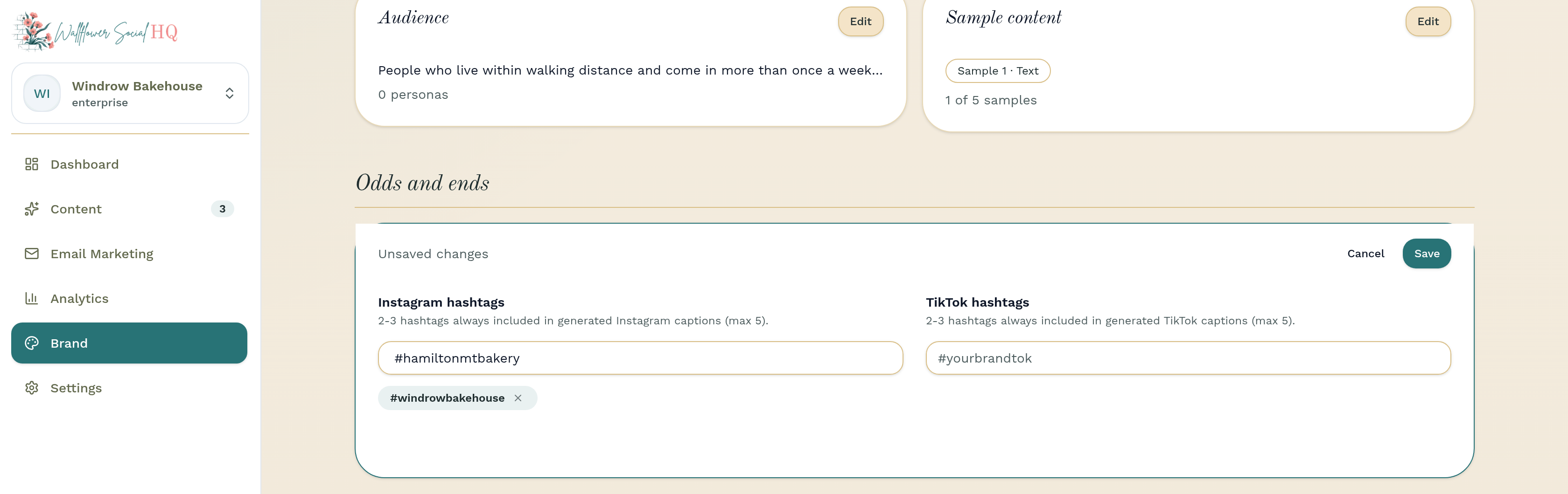 Odds and ends band with the Hashtag defaults card open and two Instagram hashtags added