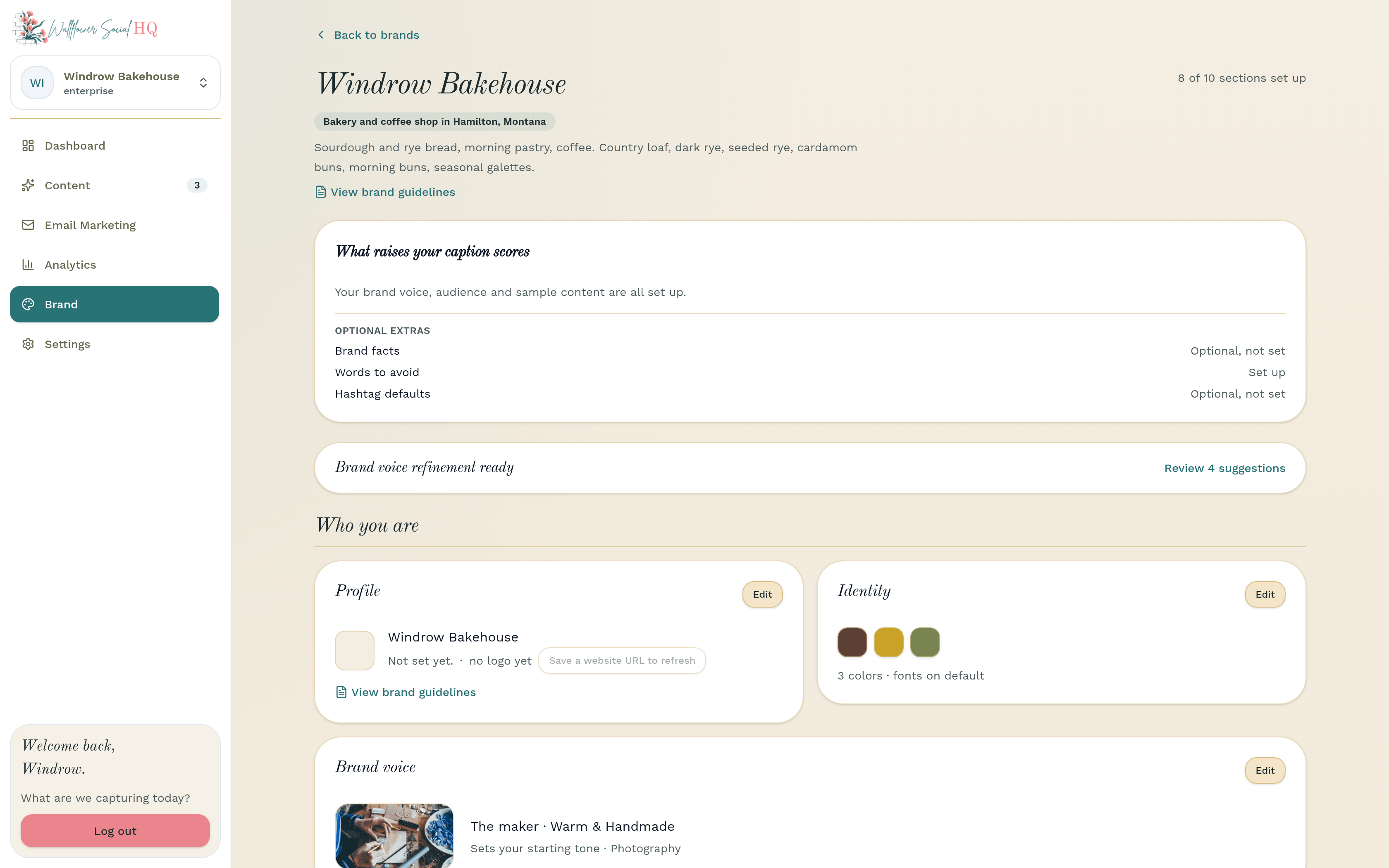 Brand page for Windrow Bakehouse showing the four bands and the "N of N sections set up" line
