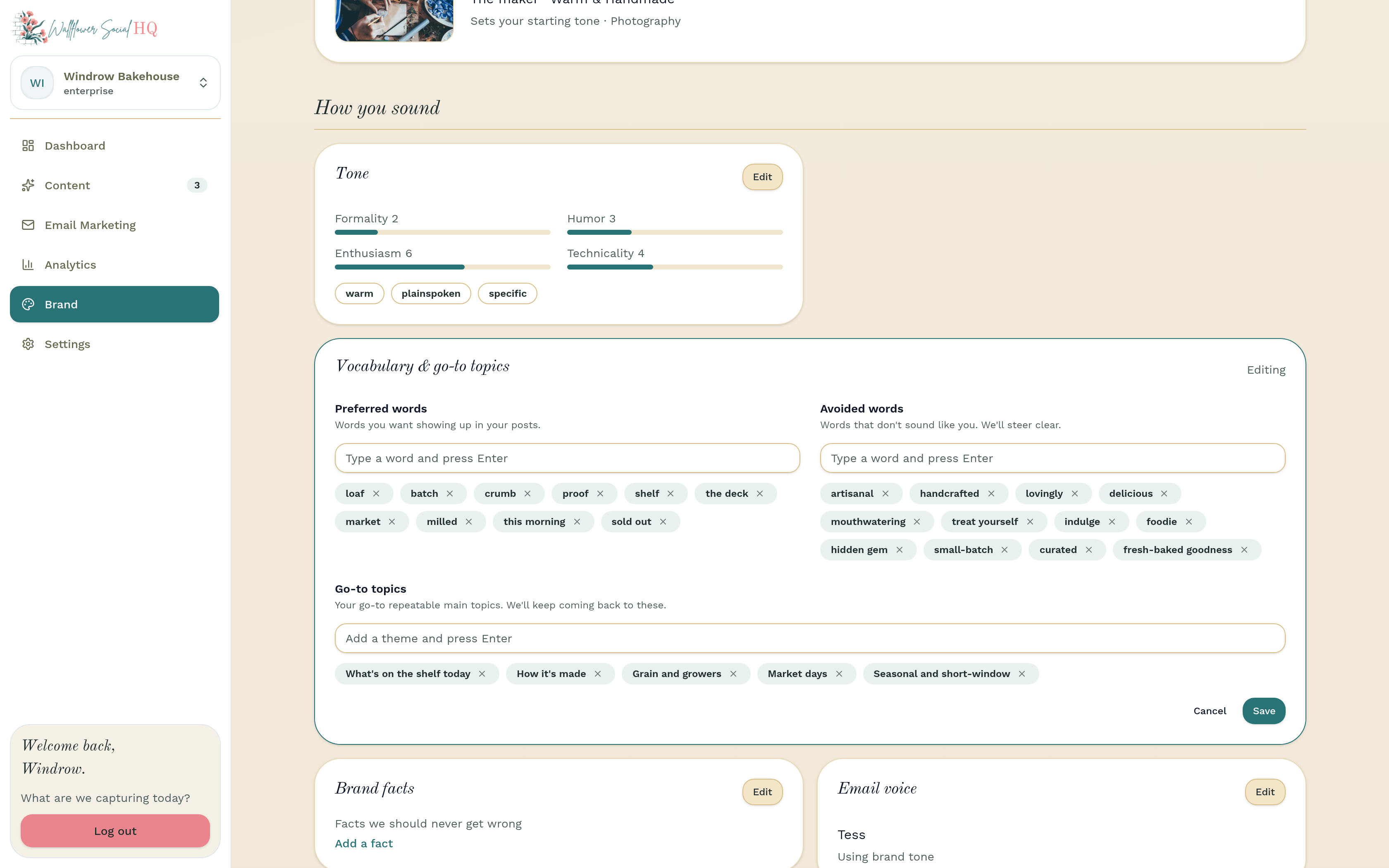 Brand page for Windrow Bakehouse with the Vocabulary & go-to topics card filled in