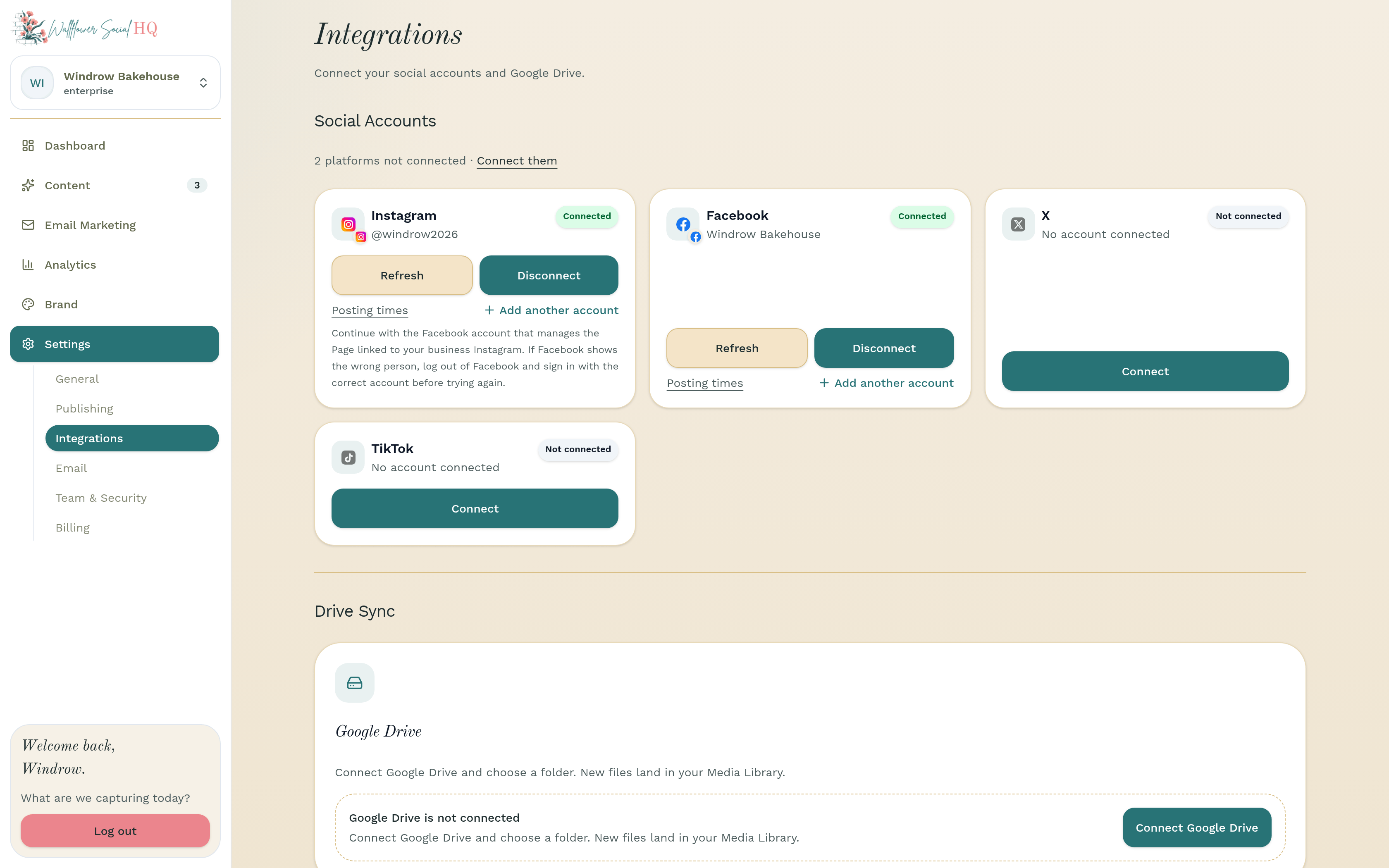 Social Accounts section with Facebook and Instagram connected for Windrow Bakehouse