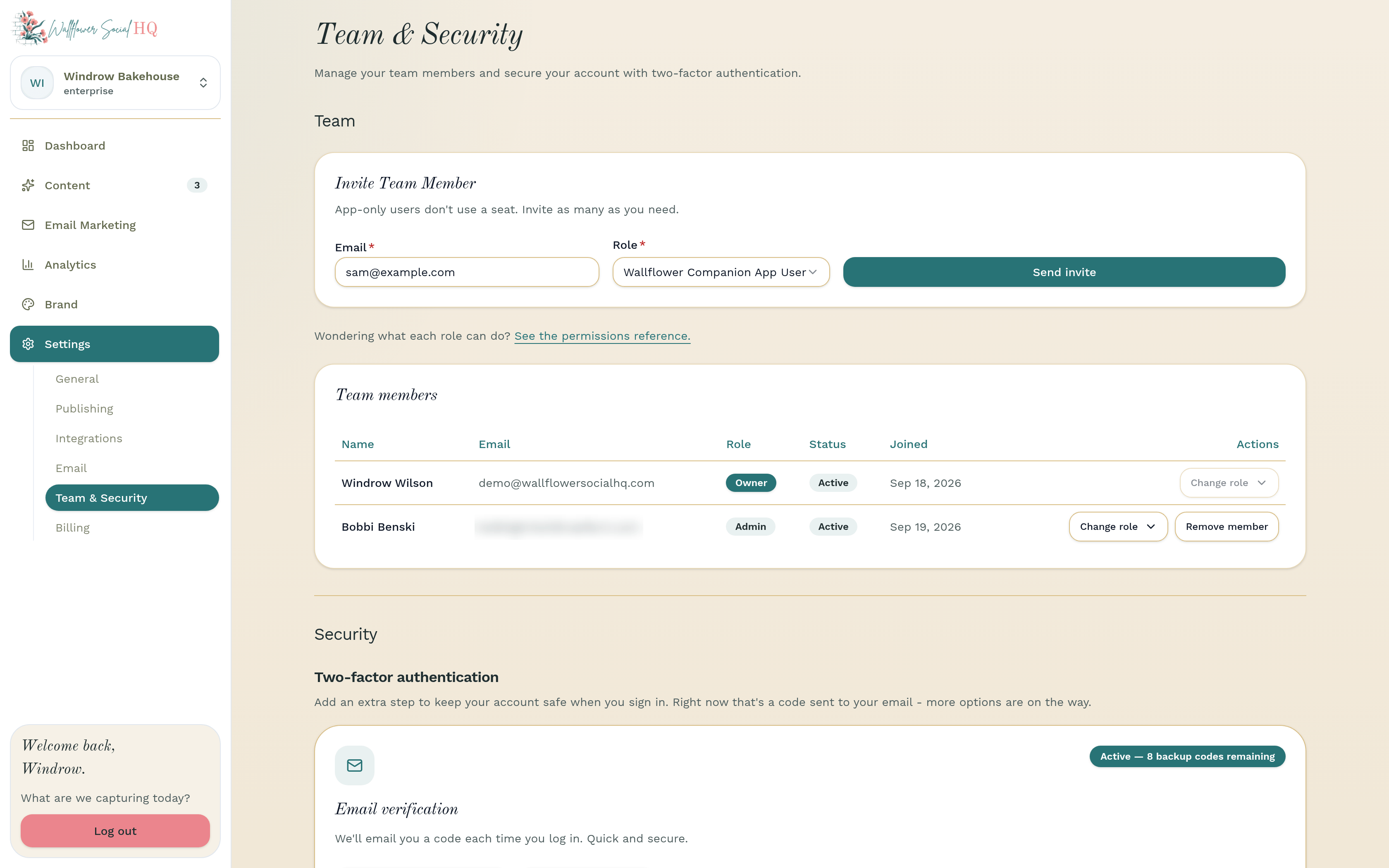 Invite Team Member form with a demo email and the Wallflower Companion App User role picked