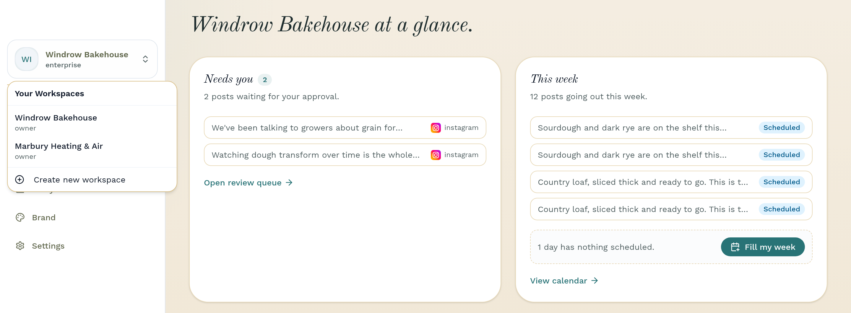 Workspace menu open with Your Workspaces listed and Windrow Bakehouse selected