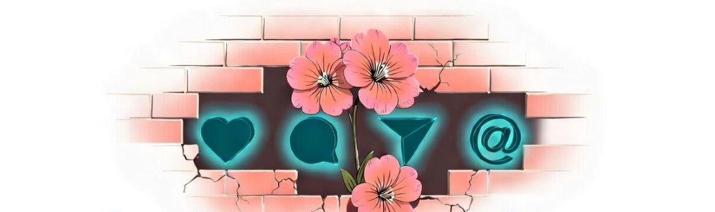 Wallflower Social HQ — flowers growing through a cracked wall of neon social icons
